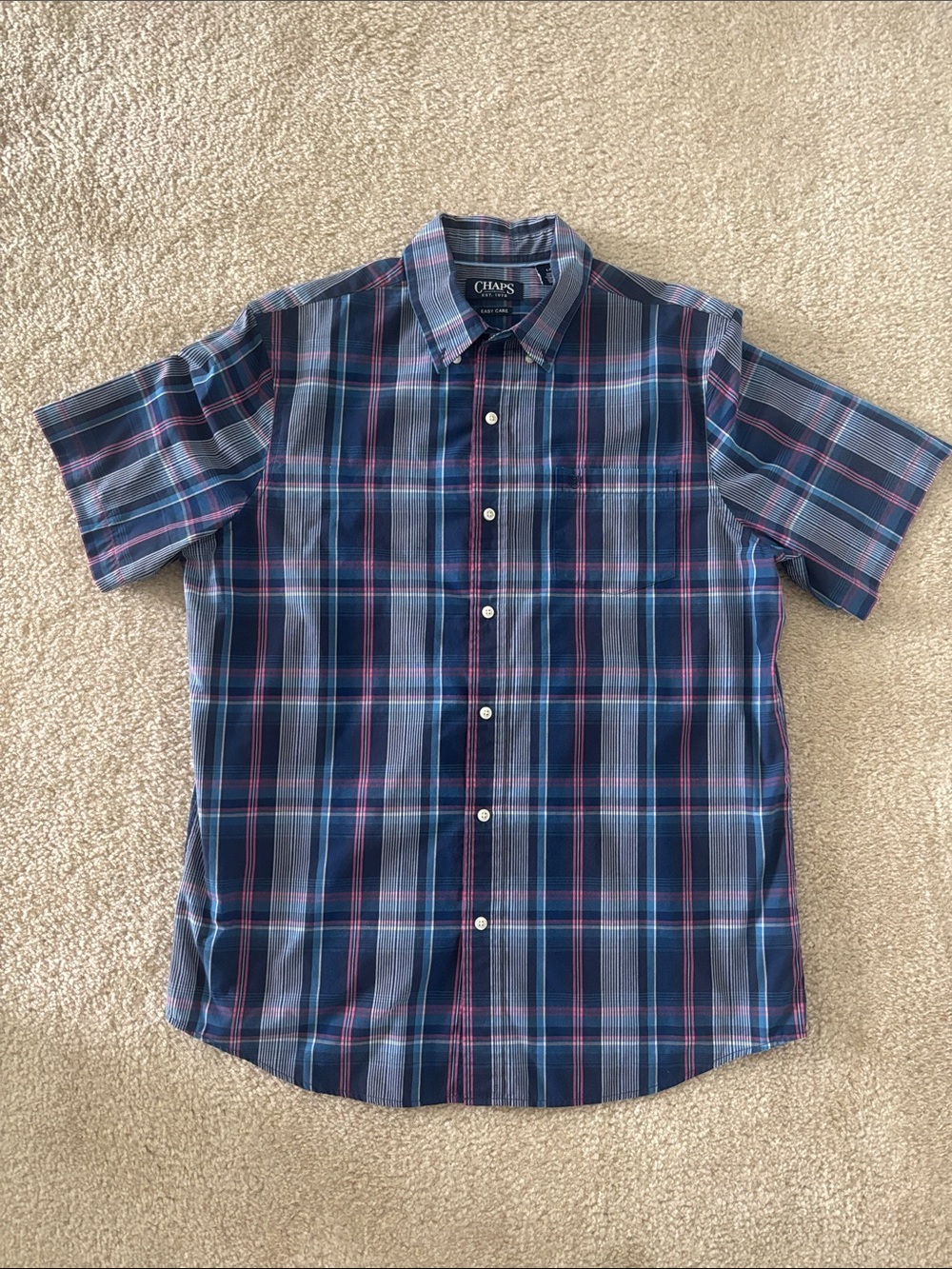 Chaps Men’s Navy and Light Blue Plaid Short-Sleeve Button-Down Shirt